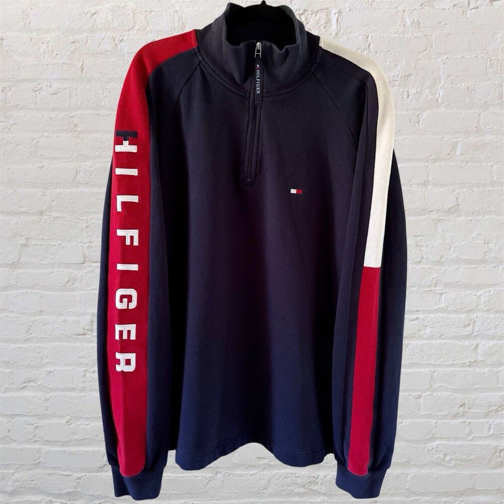 Tommy Hilfiger Quarter Zip Sweater Sweatshirt Mens XL Navy Blue Spellout Vintage
